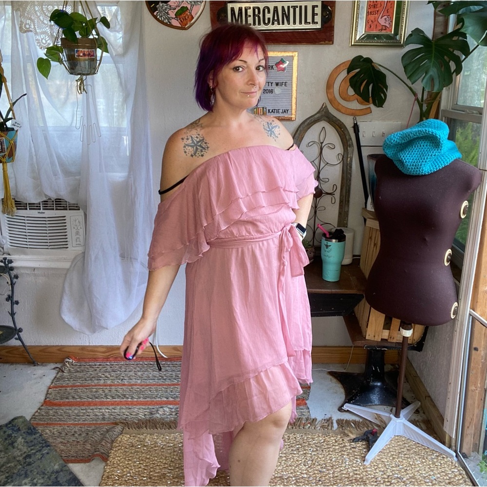 Dainty Hooligan Pink Ruffled Off the should Belted Dress Size Small